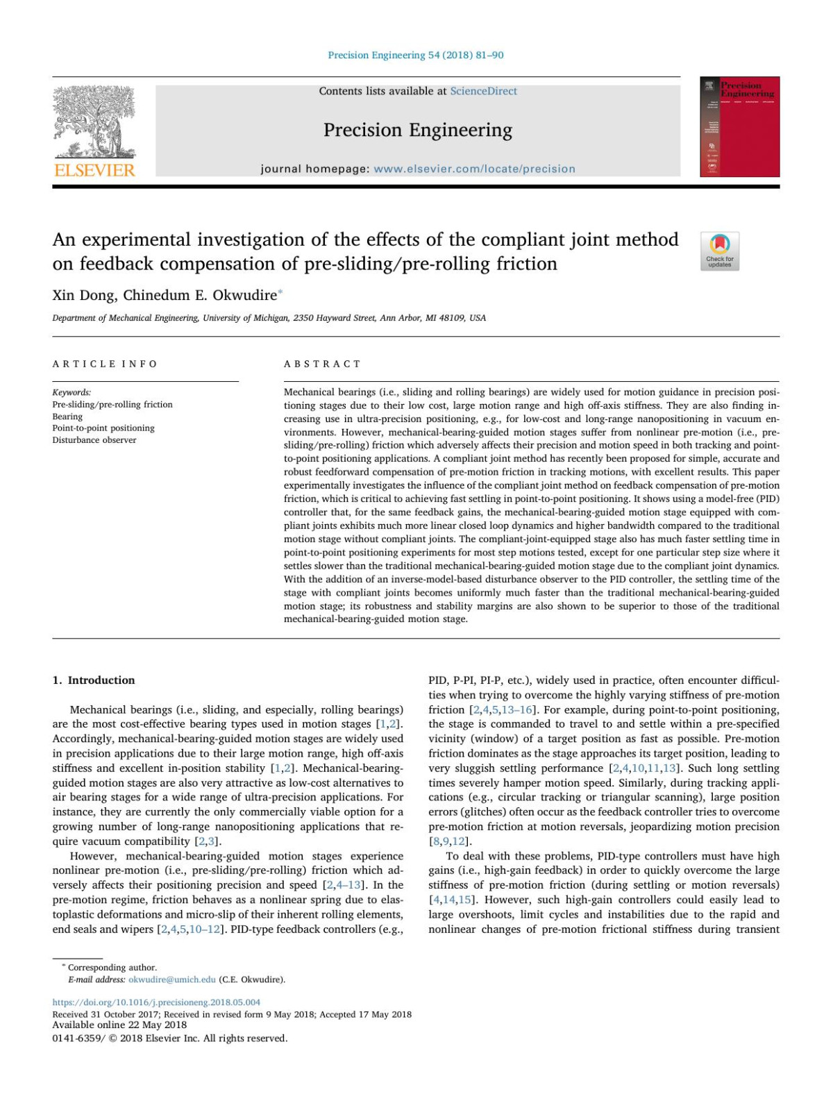 An Experimental Investigation Of The Effects Of The Compliant Joint Method On Feedback Compensation Of Preslidingprerolling Friction Xin Dong Chinedum E Okwudire