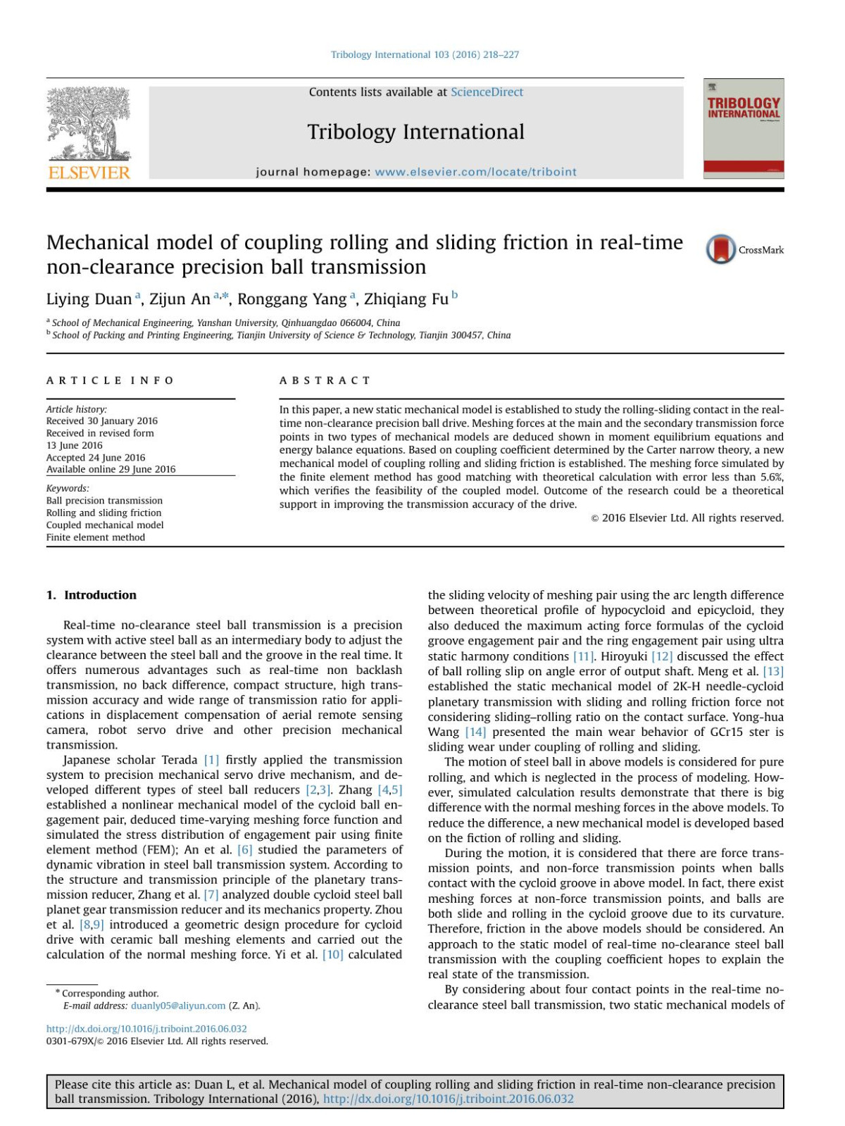 Mechanical Model Of Coupling Rolling And Sliding Friction In Realtime Nonclearance Precision Ball Transmission Liying Duan Zijun An Ronggang Yang Zhiqiang Fu