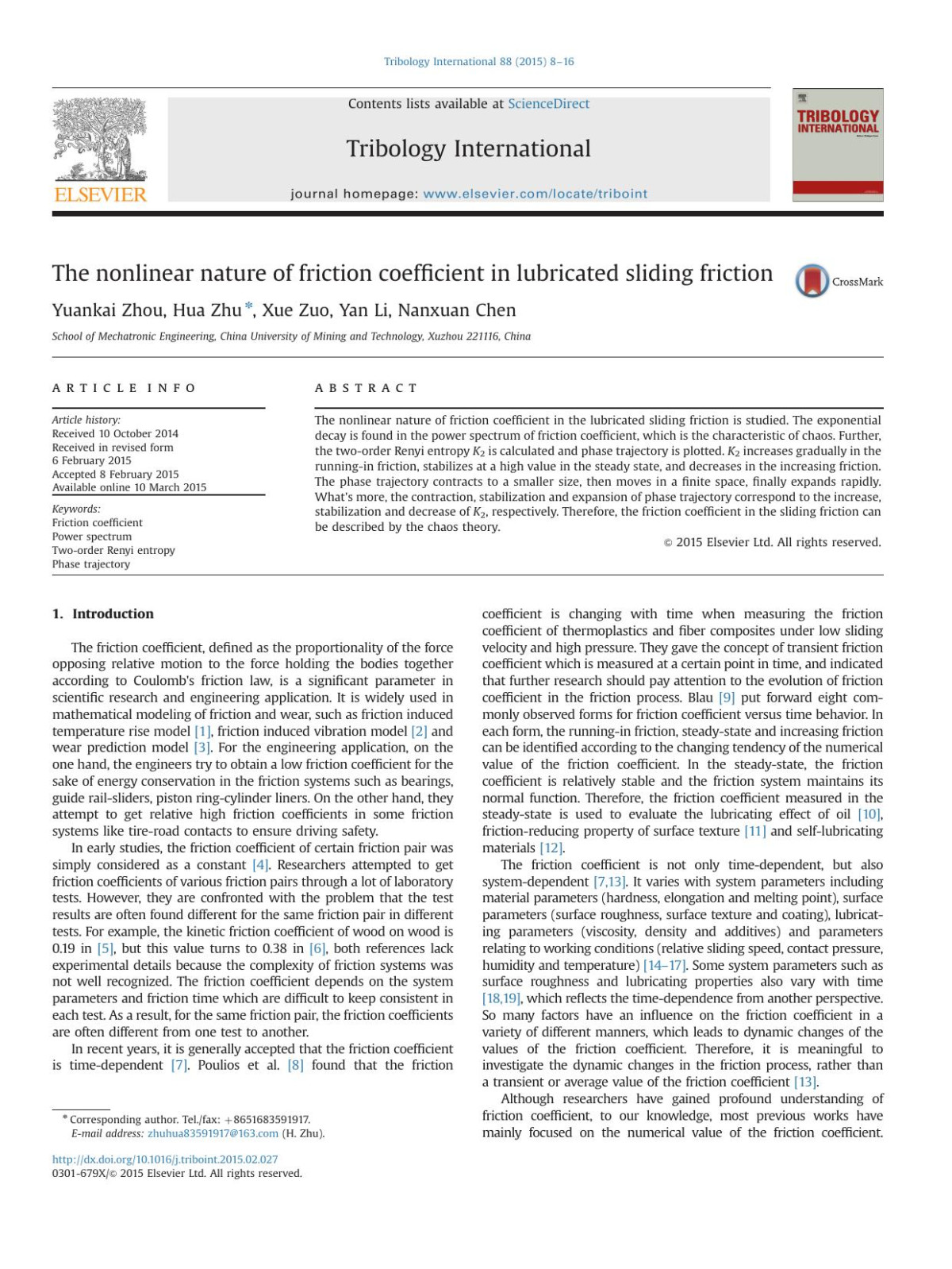 The Nonlinear Nature Of Friction Coefficient In Lubricated Sliding Friction Yuankai Zhou Hua Zhu Xue Zuo Yan Li Nanxuan Chen