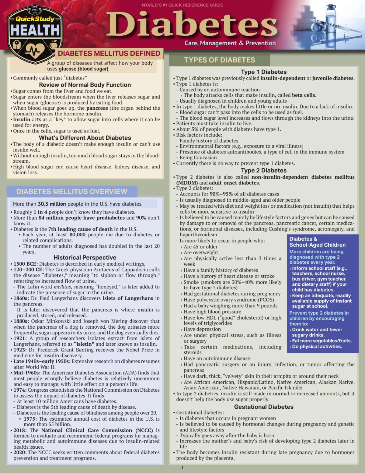 Quickstudy Health Diabetes Care Management Prevention 3rd Edition Reference Guide Jodi Mccaffrey Fache