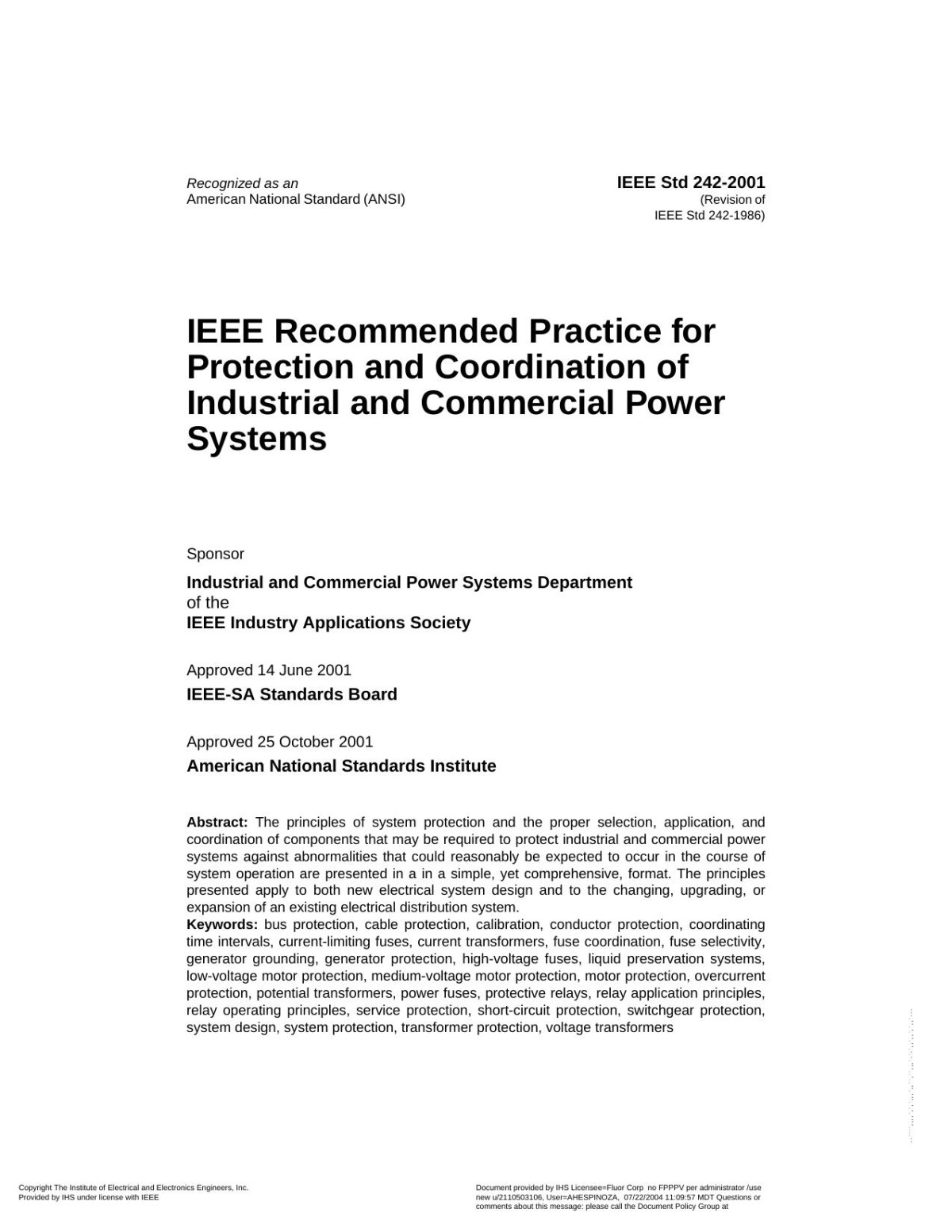Ieee 0242 2001 Recommended Practice For Protection And Coordination Of Industrial And Commercial Power Systems Ieee