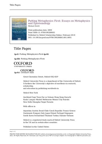 Putting Metaphysics First Essays On Metaphysics And Epistemology 1st Edition Michael Devitt