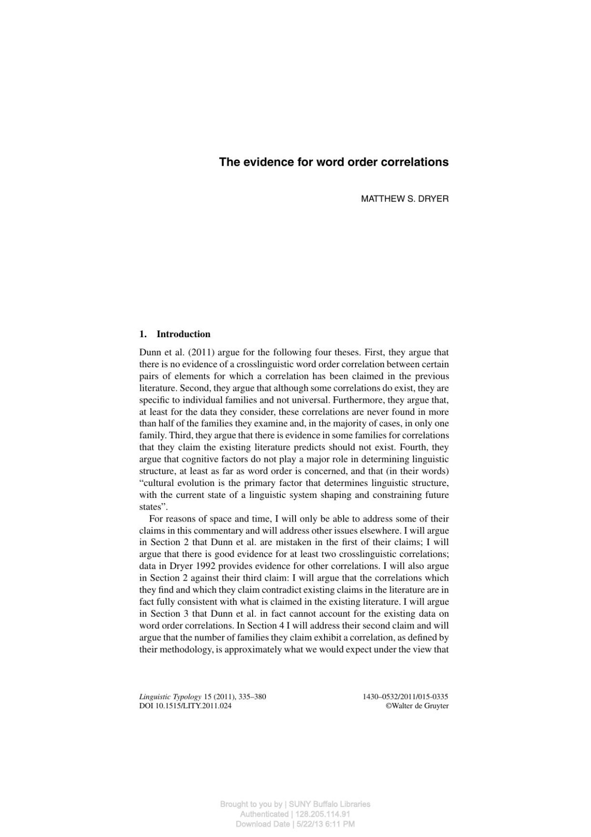 The Evidence For Word Order Correlations Matthew S Dryer