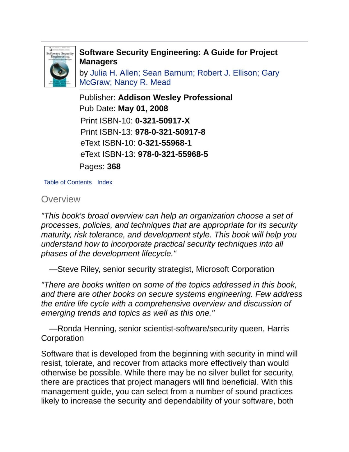 Software Security Engineering A Guide For Project Managers Julia H Allen