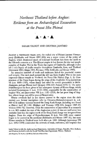 Northeast Thailand Before Angkor Evidencefrom An Archaeological Excavation At The Prasat Hin Phimai Sarah Talbot