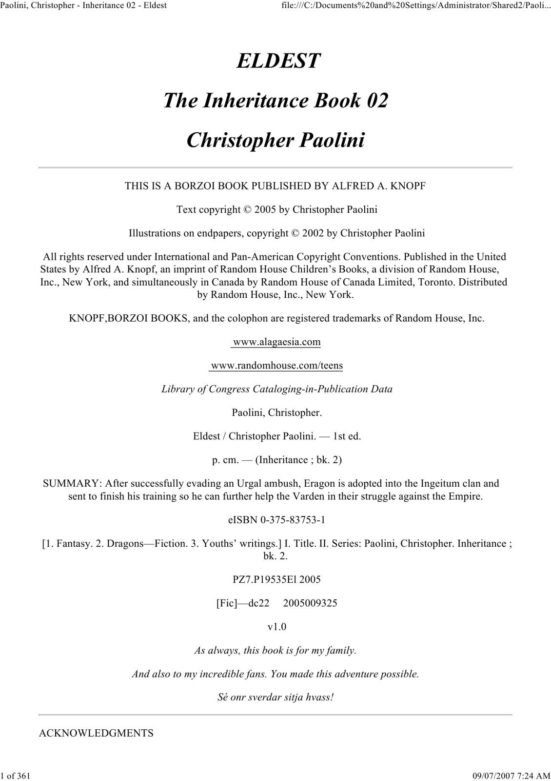 Eldest Paolini Christopher