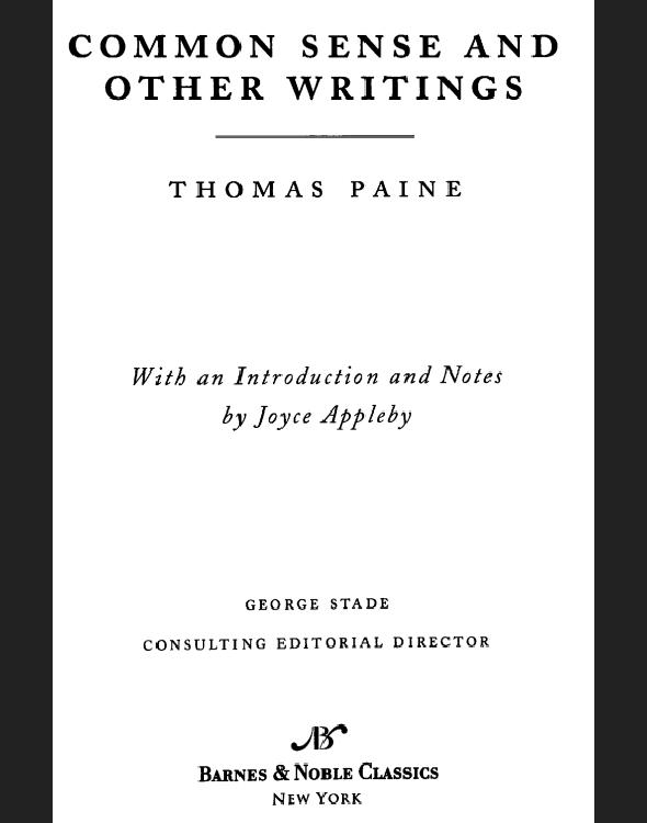 Common Sense And Other Writings Paine Thomas