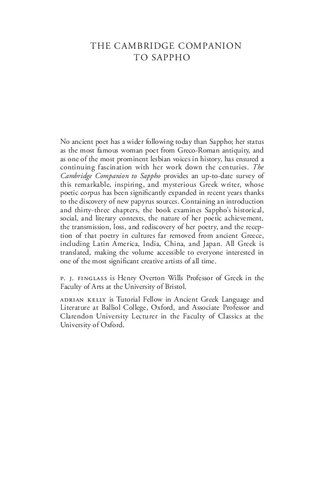 The Cambridge Companion To Sappho P J Finglass Adrian Kelly