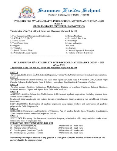 Aryabhatta Inter School Mathematics Competition 1997 To 2020 Class 8 Viii Combined Questions And Answers Summer Fields School Kailash Colony Newdelhi Coaching Institute Tuition Classes