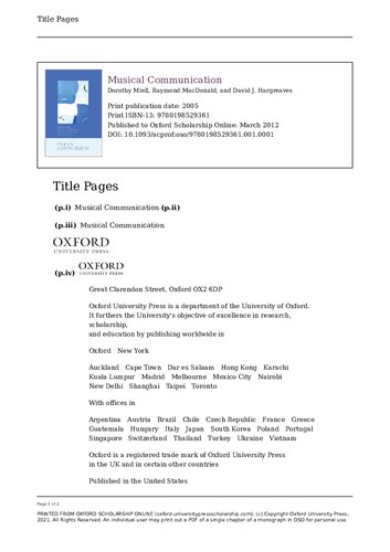 Musical Communication Dorothy Miell Raymond Macdonald David J Hargreaves