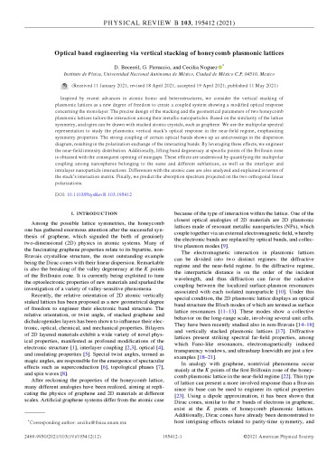 Optical Band Engineering Via Vertical Stacking Of Honeycomb Plasmonic Lattices D Becerril