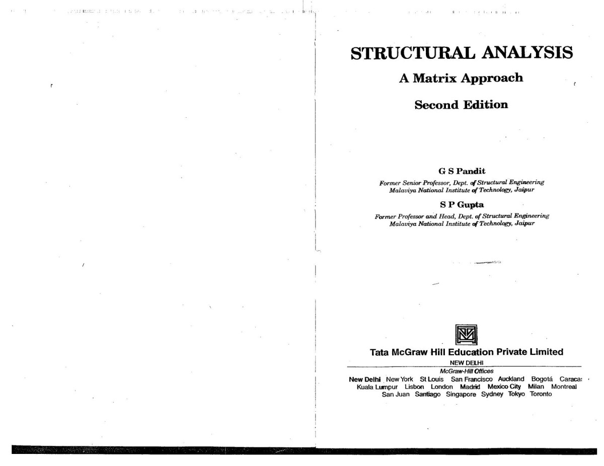 Structural Analysis A Matrix Approach Scanned 2nd Edition Later Printing G S Pandit
