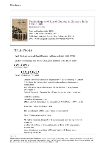 Technology And Rural Change In Eastern India 18301980 Illustrated Smritikumar Sarkar