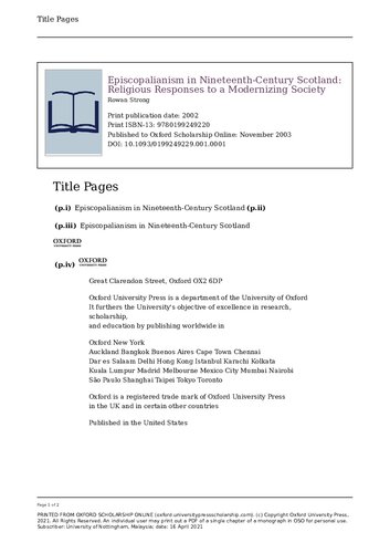 Episcopalianism In Nineteenthcentury Scotland Religious Responses To A Modernizing Society Rowan Strong