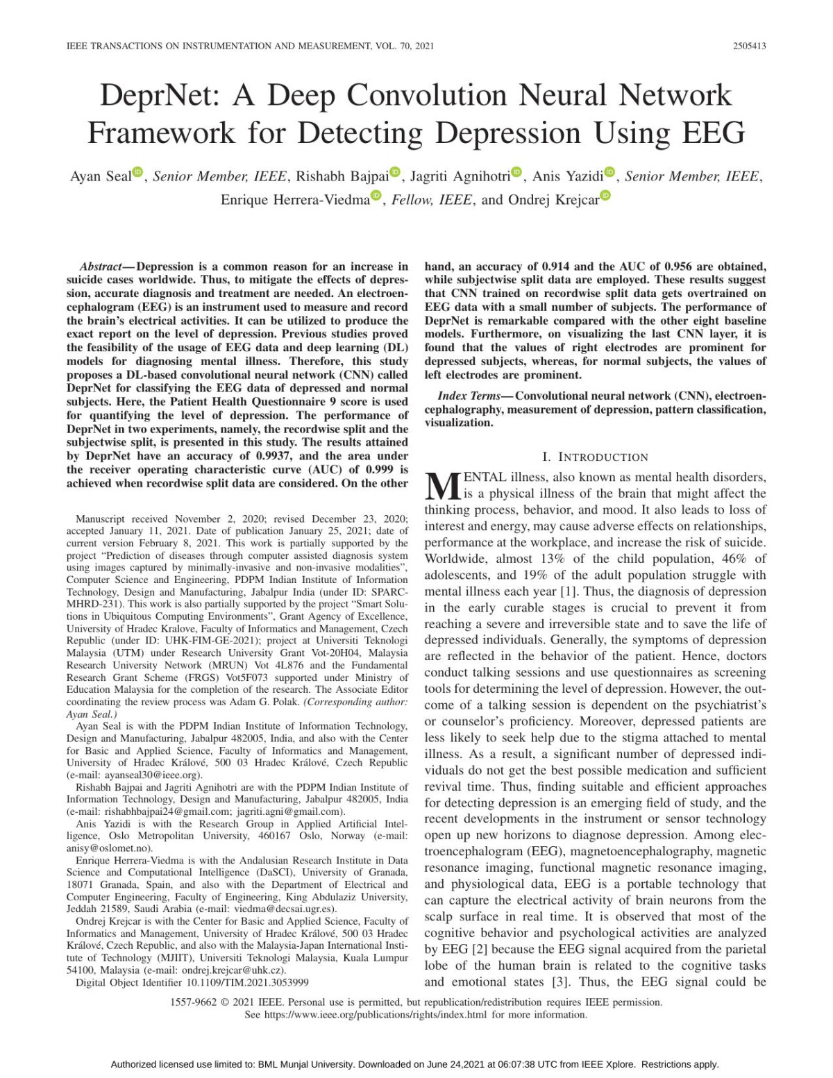 Deprnet A Deep Convolution Neural Network Framework For Detecting Depression Using Eeg 1st Edition Ayan Seal