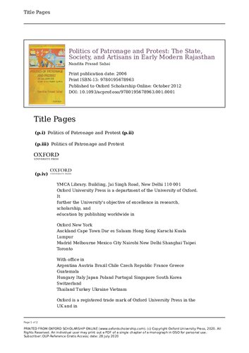 Politics Of Patronage And Protest The State Society And Artisans In Early Modern Rajasthan Nandita Prasad Sahai