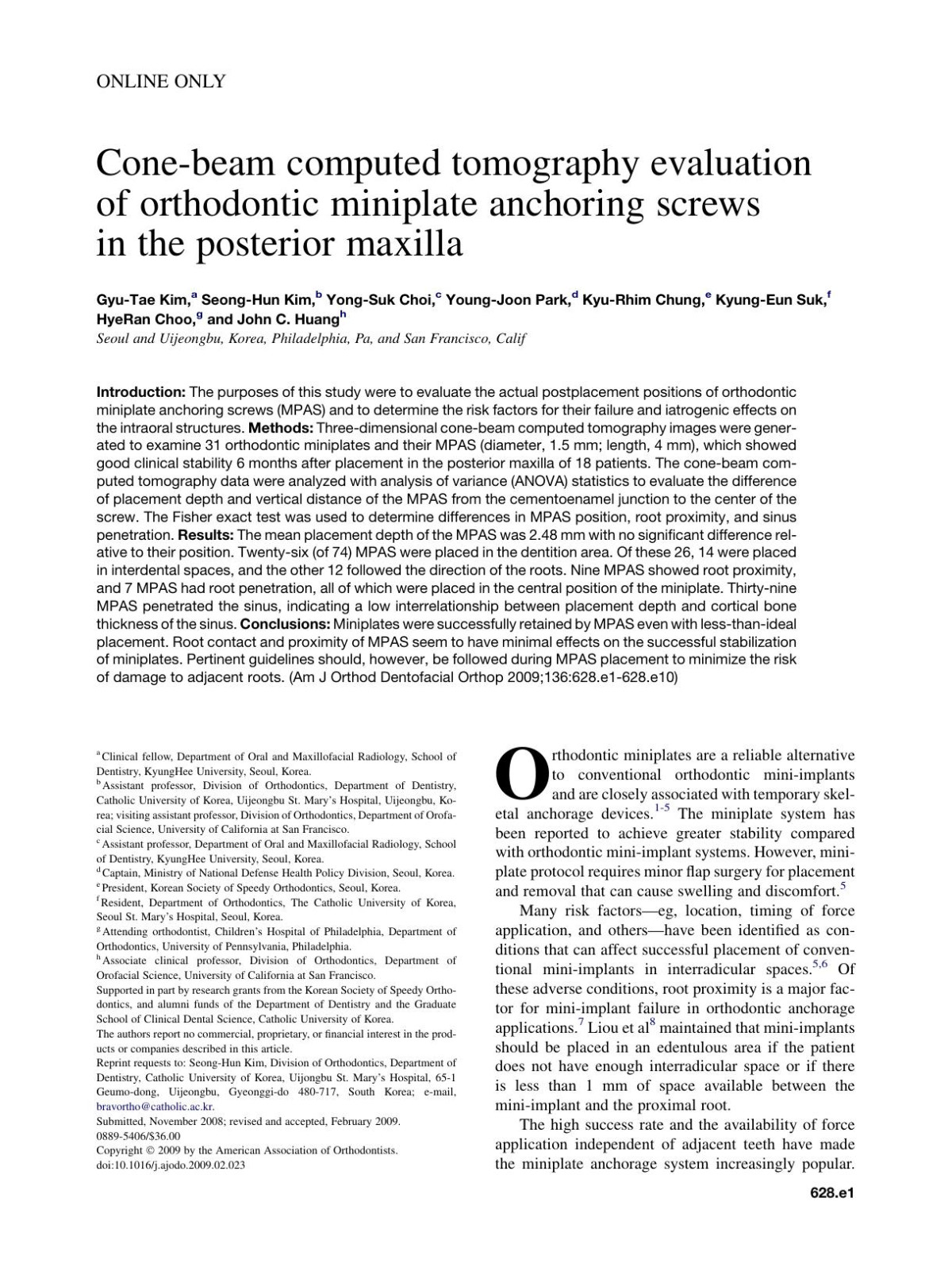 Conebeam Computed Tomography Evaluation Of Orthodontic Miniplate Anchoring Screws In The Posterior Maxilla Gyutae Kim Seonghun Kim Yongsuk Choi Youngjoon Park Kyurhim Chung Kyungeun Suk Hyeran Choo John C Huang