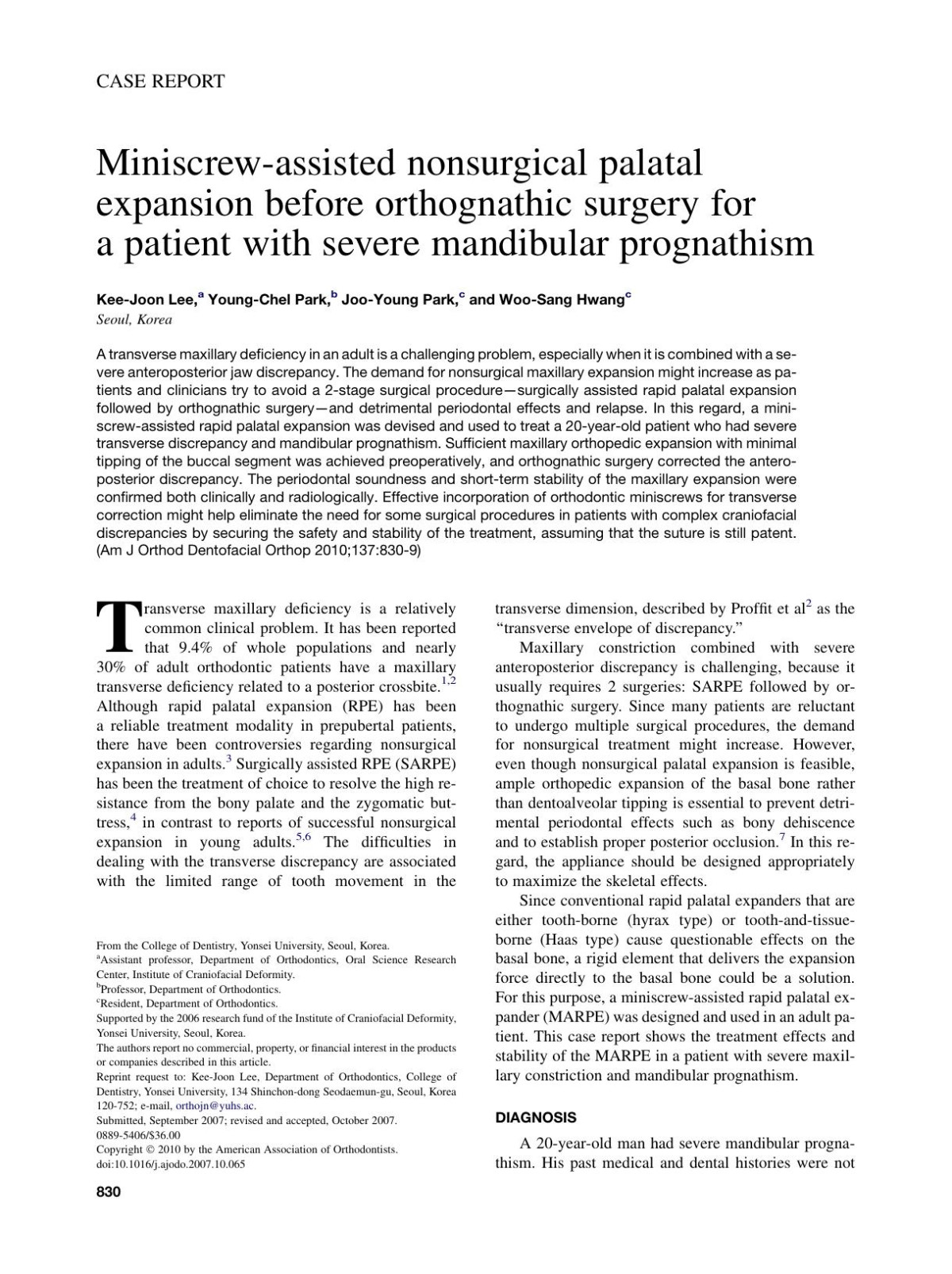 Miniscrewassisted Nonsurgical Palatal Expansion Before Orthognathic Surgery For A Patient With Severe Mandibular Prognathism Keejoon Lee Youngchel Park Jooyoung Park Woosang Hwang