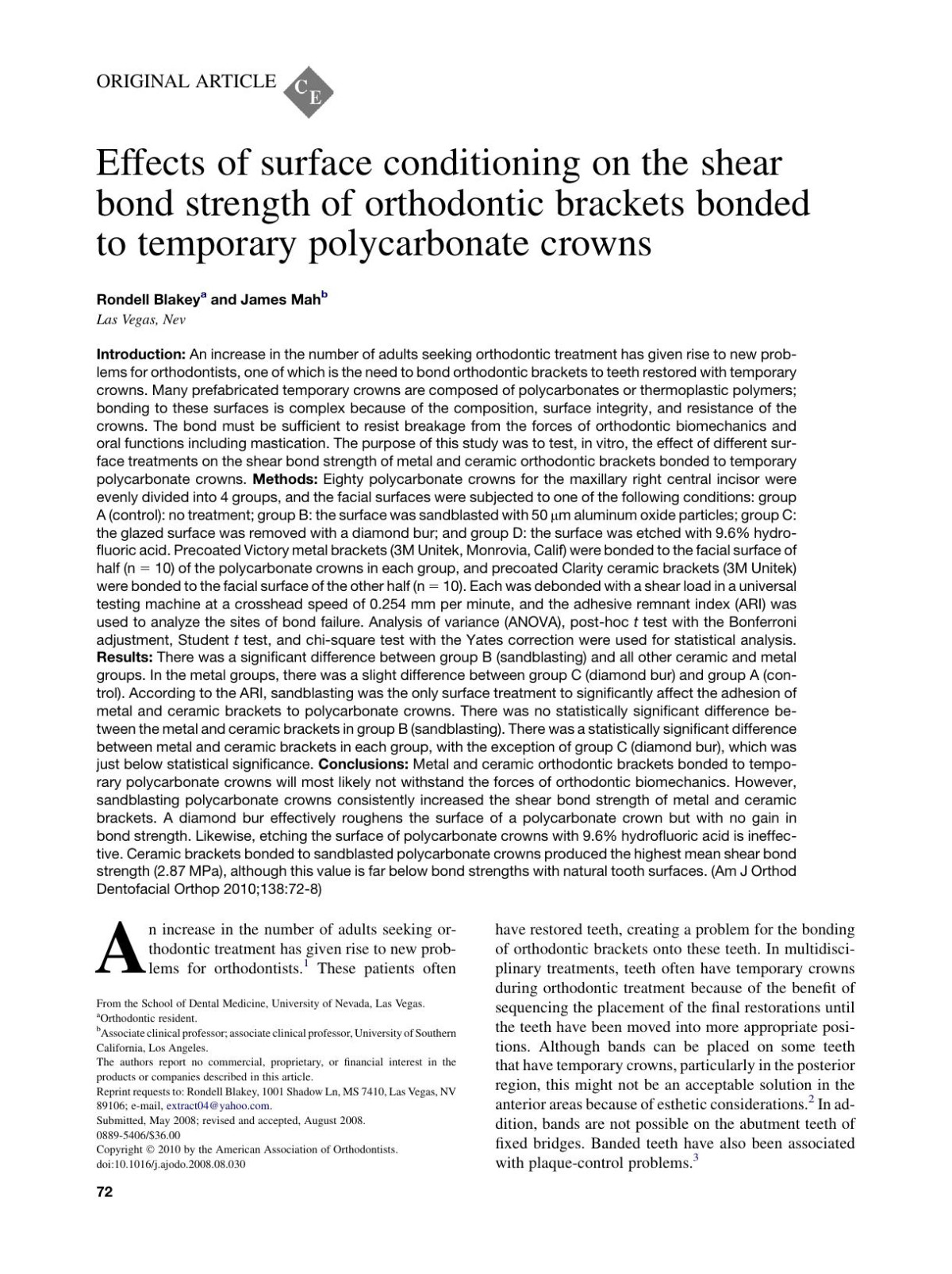 Effects Of Surface Conditioning On The Shear Bond Strength Of Orthodontic Brackets Bonded To Temporary Polycarbonate Crowns Rondell Blakey James Mah