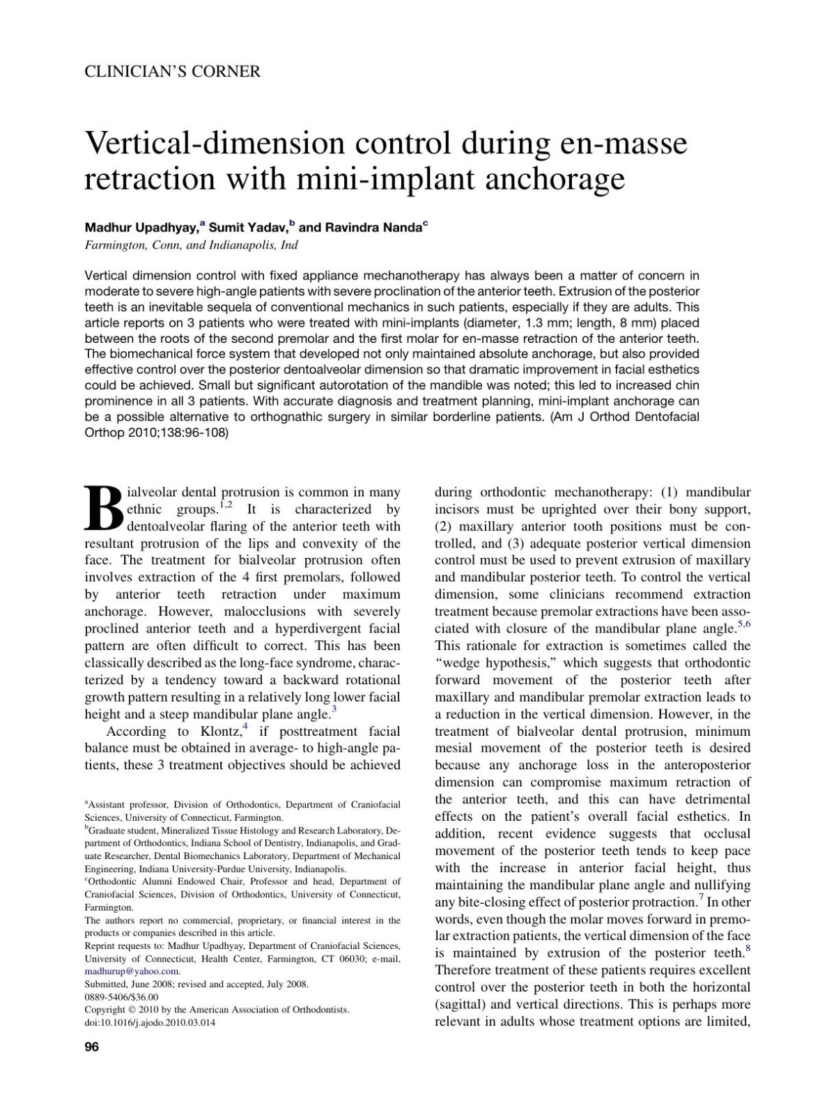 Verticaldimension Control During Enmasse Retraction With Miniimplant Anchorage Madhur Upadhyay Sumit Yadav Ravindra Nanda
