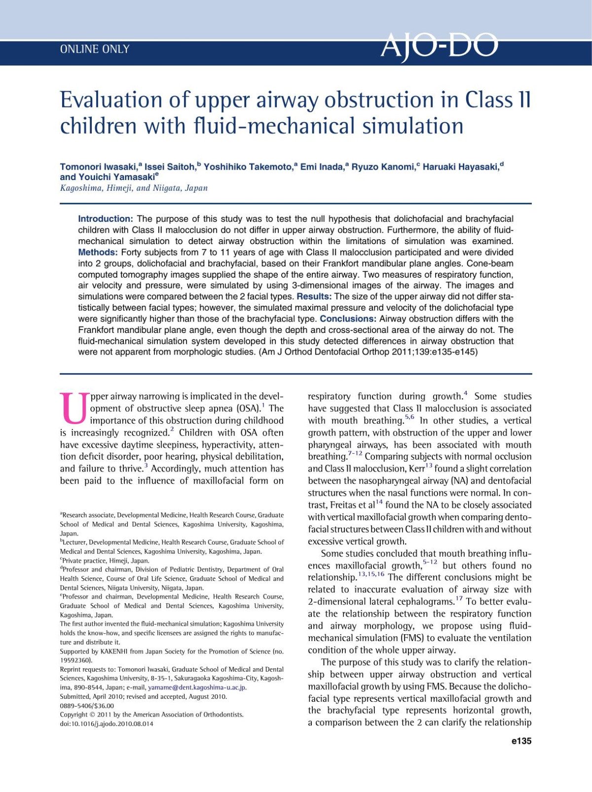 Evaluation Of Upper Airway Obstruction In Class Ii Children With Fluidmechanical Simulation Tomonori Iwasaki Issei Saitoh Yoshihiko Takemoto Emi Inada Ryuzo Kanomi Haruaki Hayasaki Youichi Yamasaki