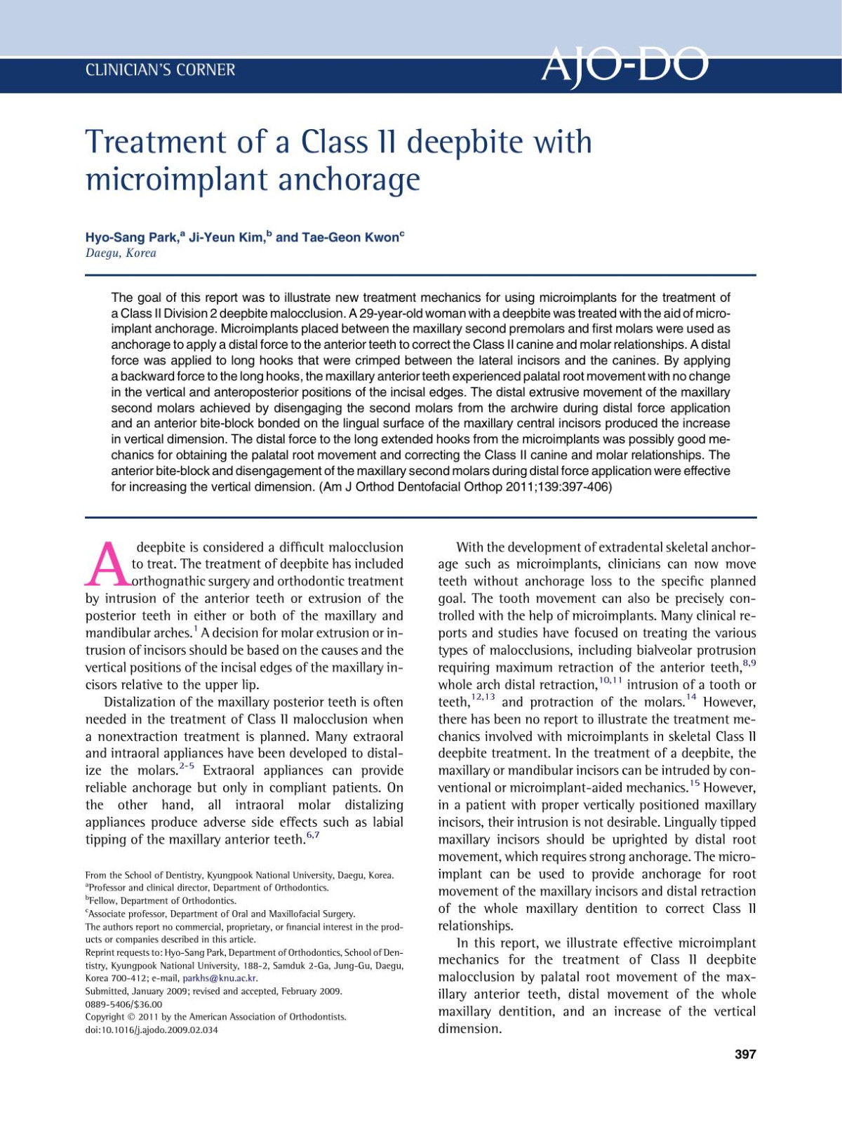 Treatment Of A Class Ii Deepbite With Microimplant Anchorage Hyosang Park Jiyeun Kim Taegeon Kwon