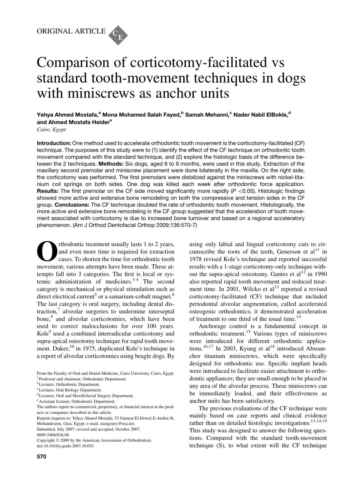Comparison Of Corticotomyfacilitated Vs Standard Toothmovement Techniques In Dogs With Miniscrews As Anchor Units Yehya Ahmed Mostafa Mona Mohamed Salah Fayed Samah Mehanni Nader Nabil Elbokle Ahmed Mostafa Heider