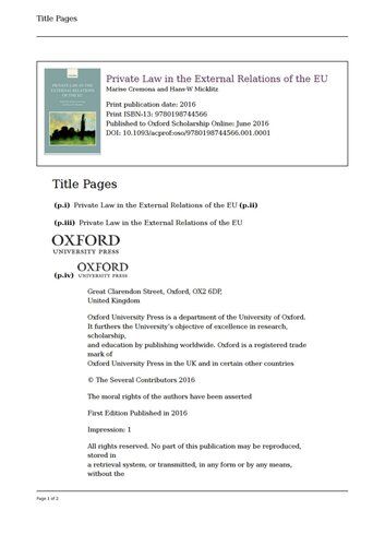 Private Law In The External Relations Of The Eu Marise Cremona Editor
