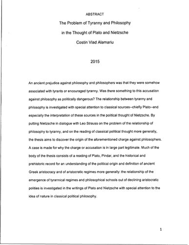 Dissertation The Problem Of Tyranny And Philosophy In The Thought Of Plato And Nietzsche Costin Vlad Alamariu