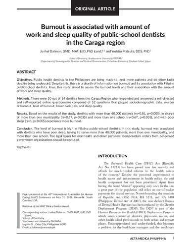 Burnout Is Associated With Amount Of Work And Sleep Quality Of Publicschool Dentists In The Caraga Region Junhel Dalanon