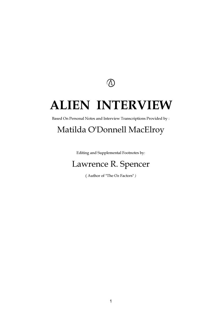 Alien Interview 1st Edition Lawrence R Spencer