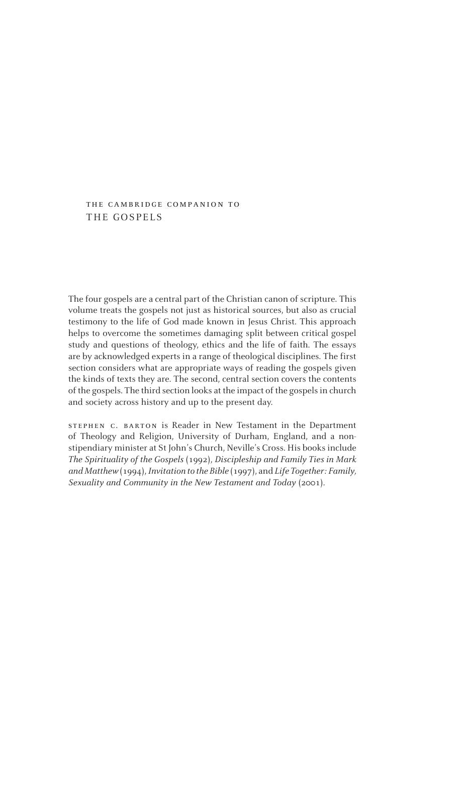 The Cambridge Companion To The Gospels Stephen C Barton Barton
