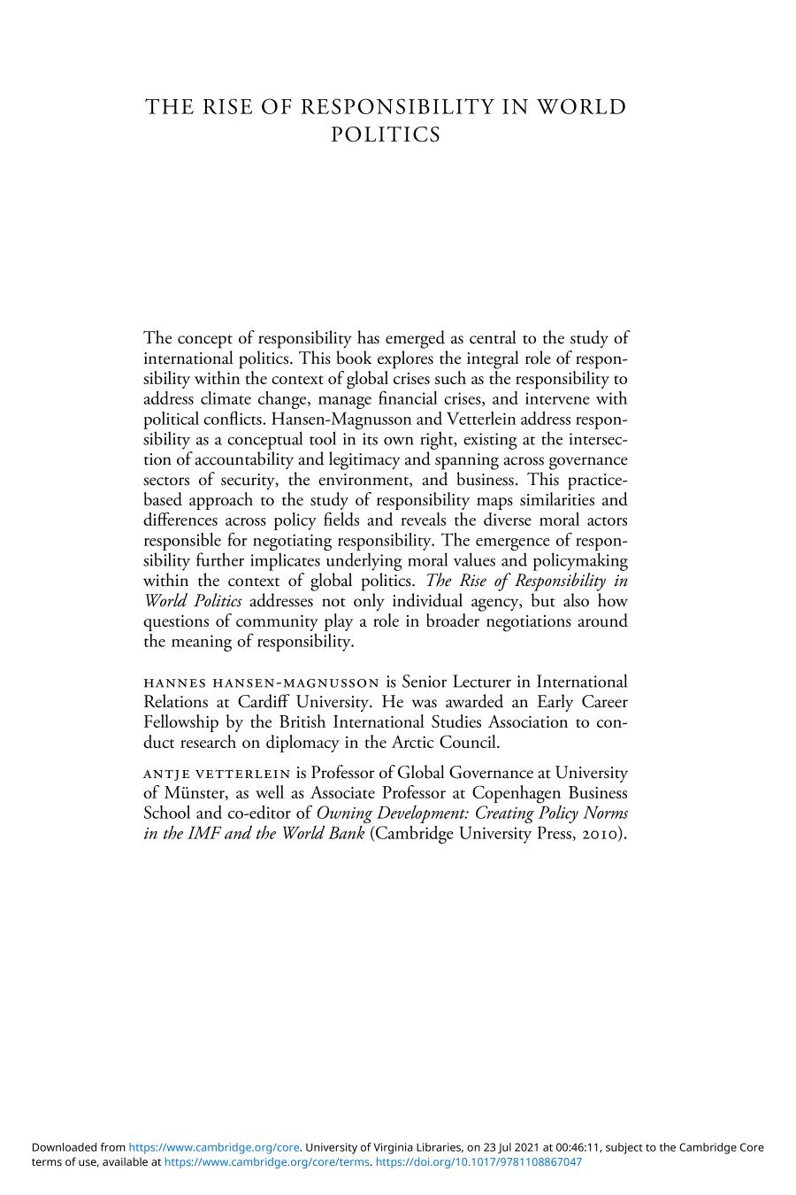 The Rise Of Responsibility In World Politics Hannes Hansenmagnusson Antje Vetterlein