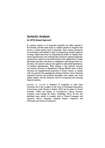 Syntactic Analysis An Hpsgbased Approach Hardcover Robert D Levine