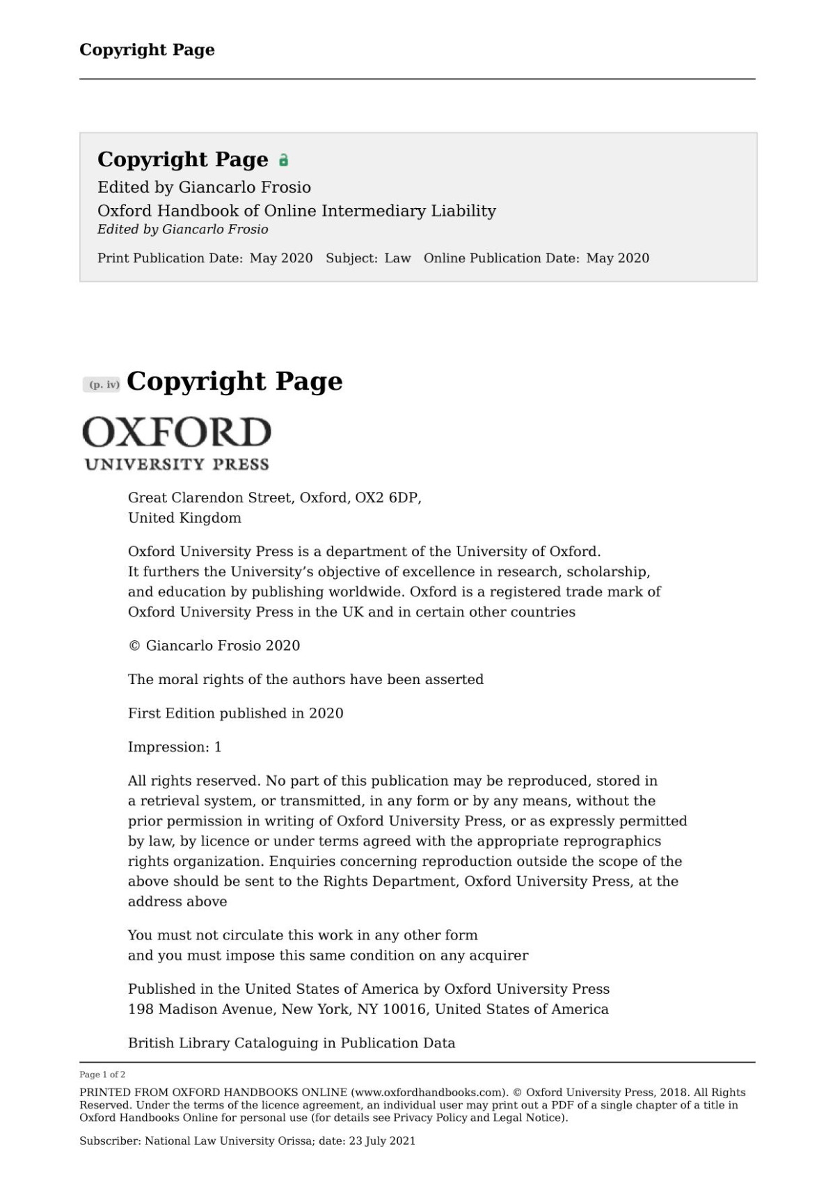 The Oxford Handbook Of Online Intermediary Liability 1st Edition Giancarlo Frosio