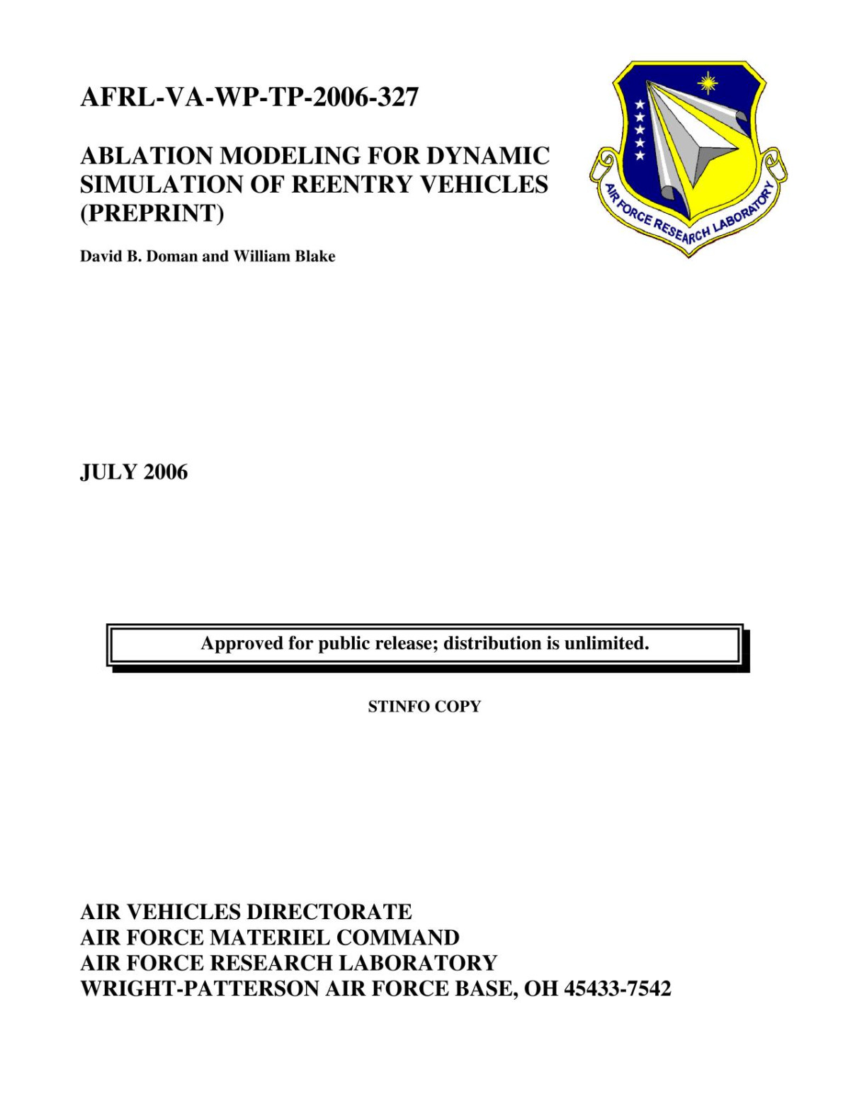 Ablation Modeling For Dynamic Simulation Of Reentry Vehicles Preprint David B Doman And William Blake