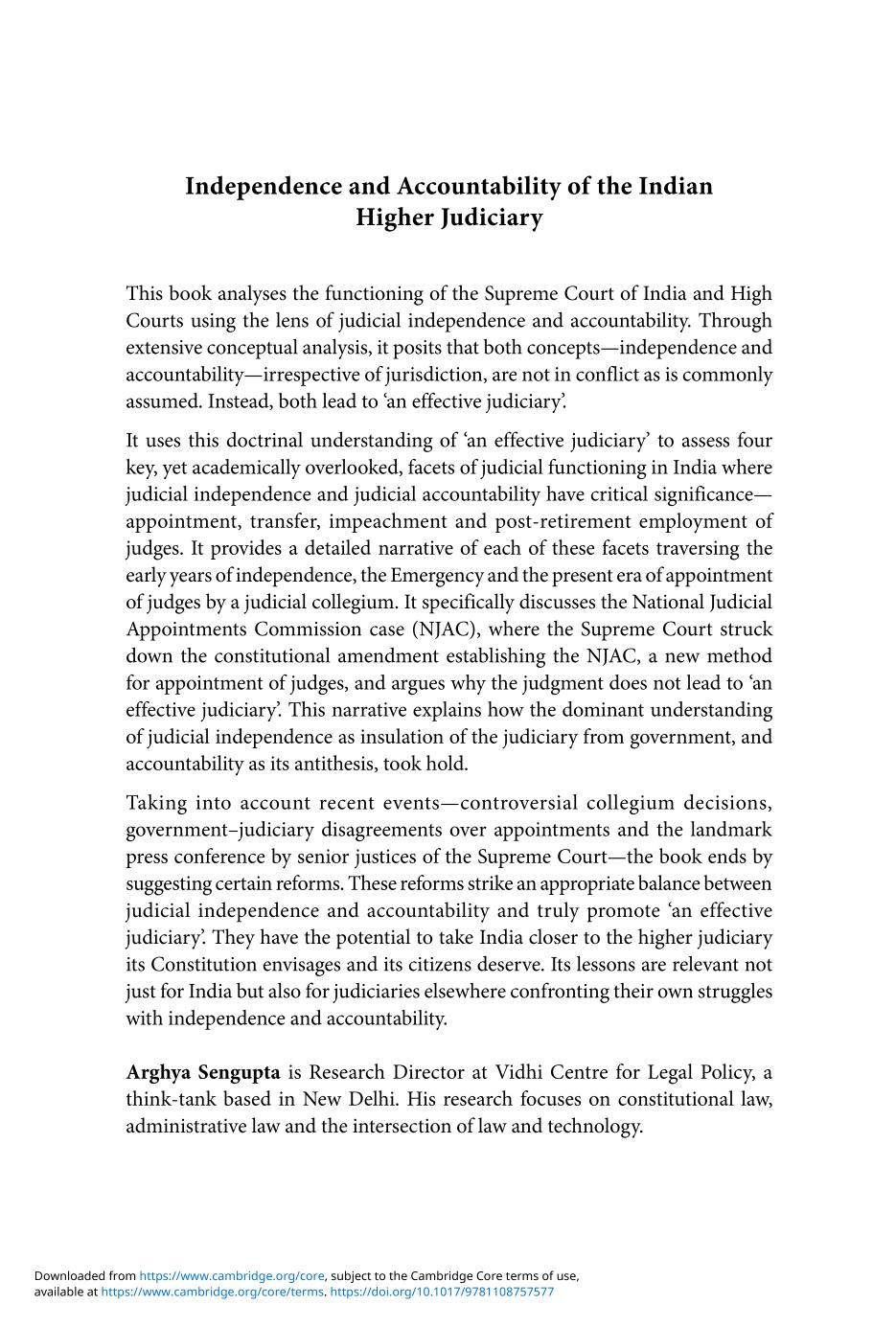 Independence And Accountability Of The Higher Indian Judiciary Arghya Sengupta