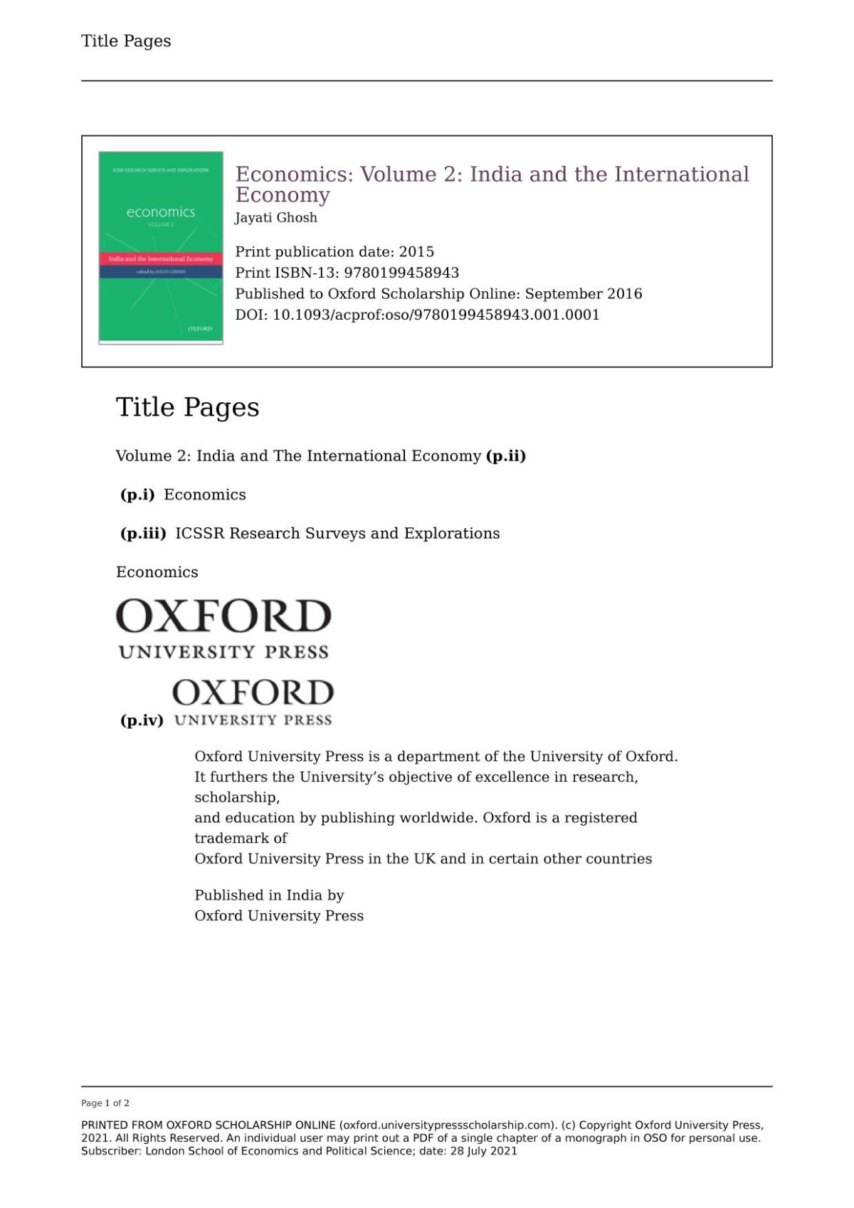 India And The International Economy Economics Volume 2 1st Edition Jayati Ghosh Ed