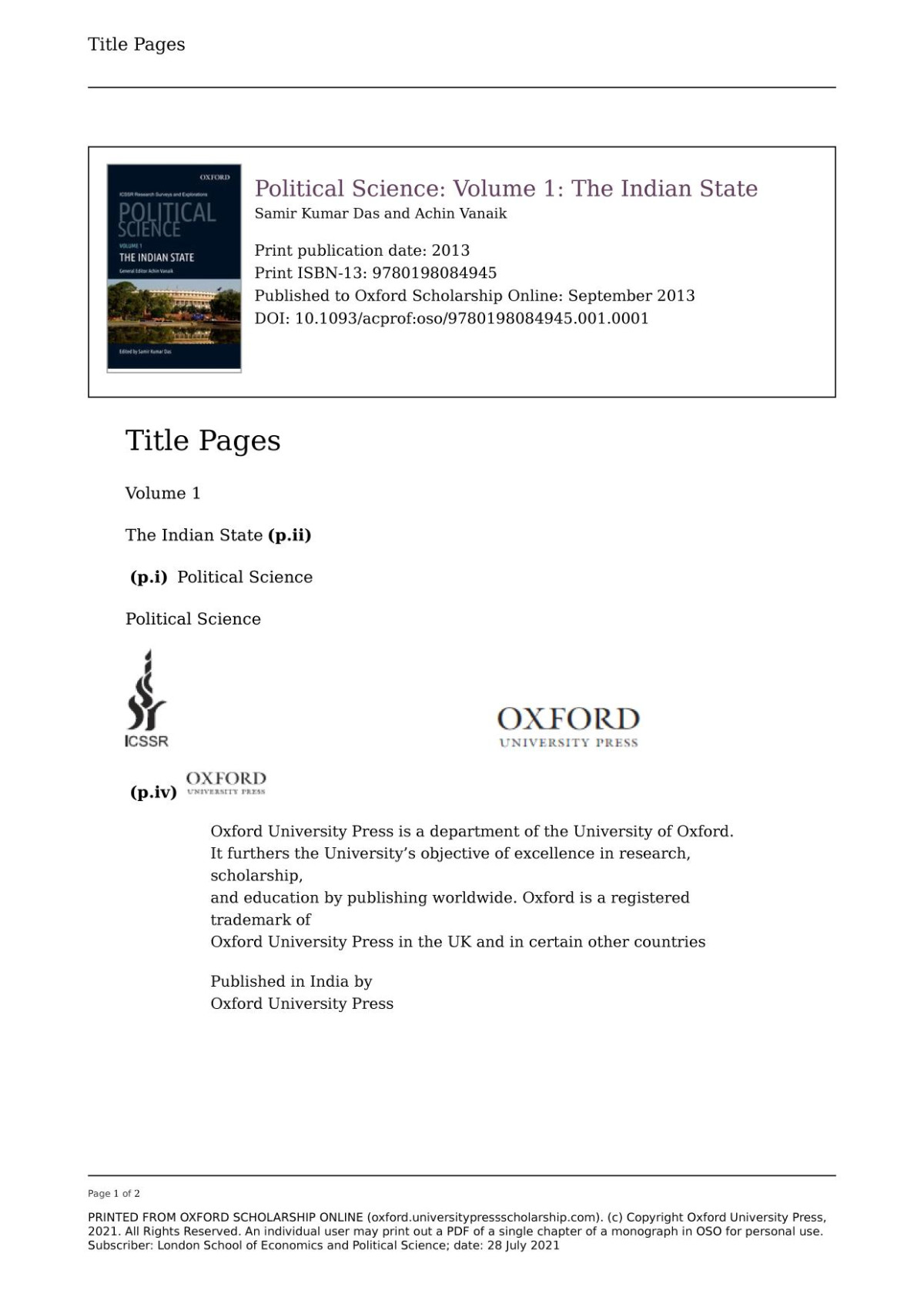 The Indian State Political Science Volume 1 Samir Kumar Das And Achin Vanaik Eds