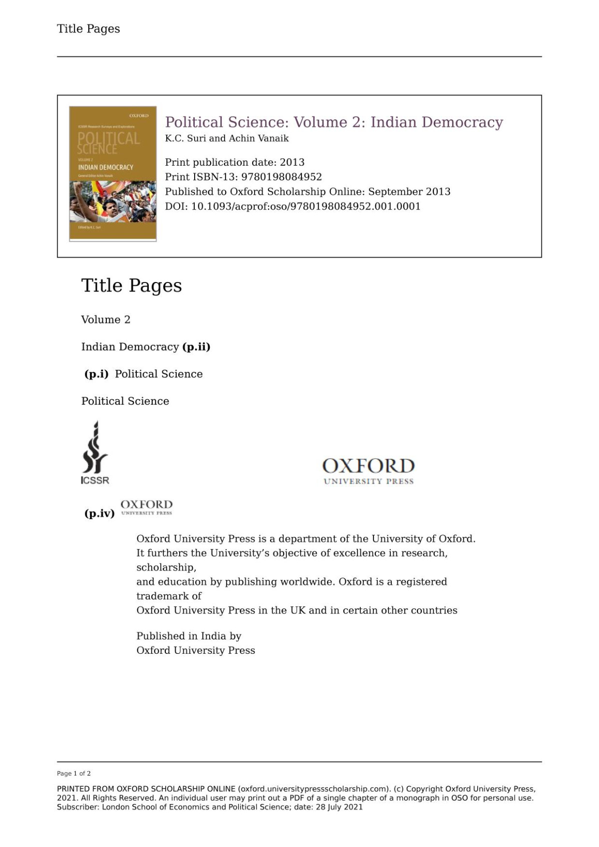 Indian Democracy Political Science Volume 2 K C Suri And Achin Vanaik Eds