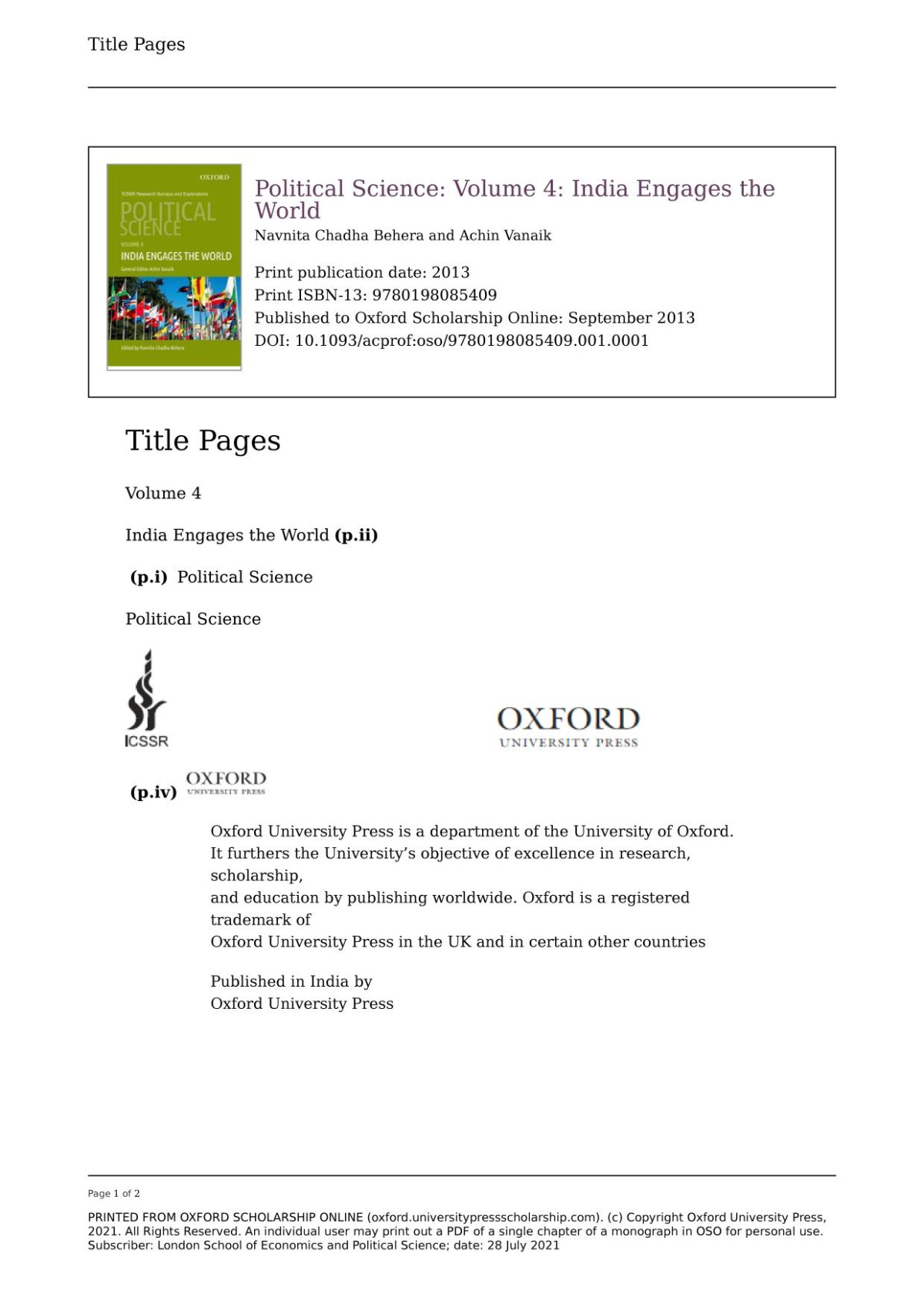 India Engages The World Political Science Volume 4 Navnita Chadha Behera