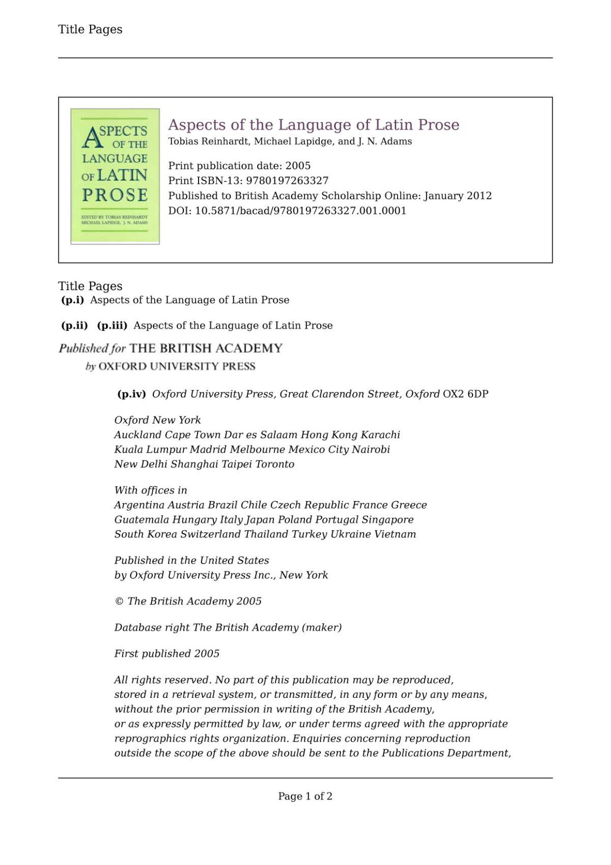 Aspects Of The Language Of Latin Prose Online Tobias Reinhardt Michael Lapidge James Noel Adams