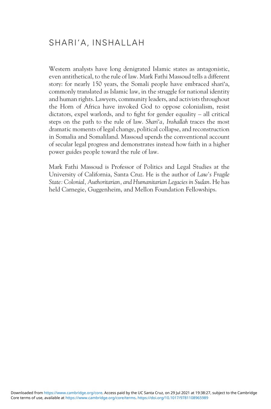Sharia Inshallah Finding God In Somali Legal Politics Mark Fathi Massoud