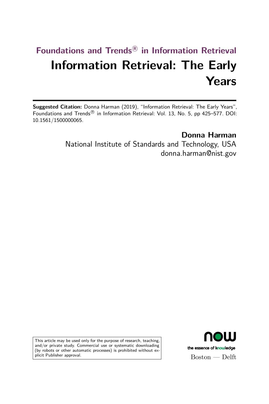 Information Retrieval The Early Years Donna K Harman