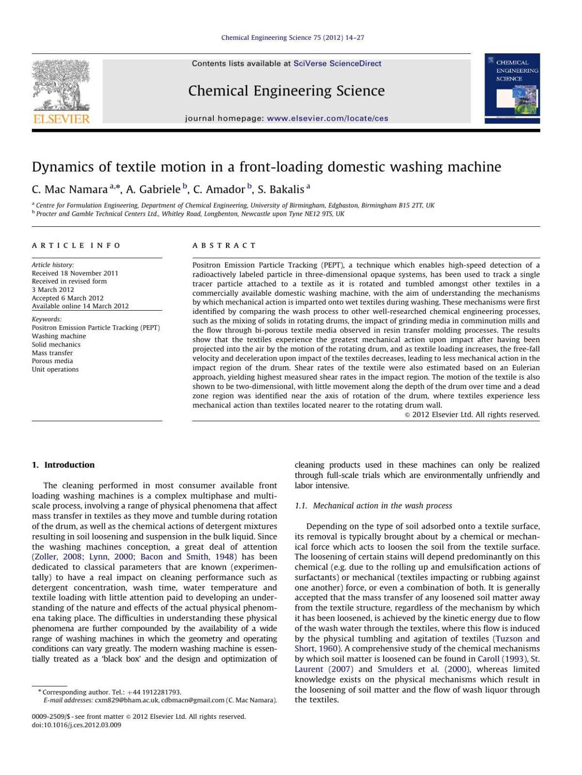 Dynamics Of Textile Motion In A Frontloading Domestic Washing Machine C Mac Namara A Gabriele C Amador S Bakalis