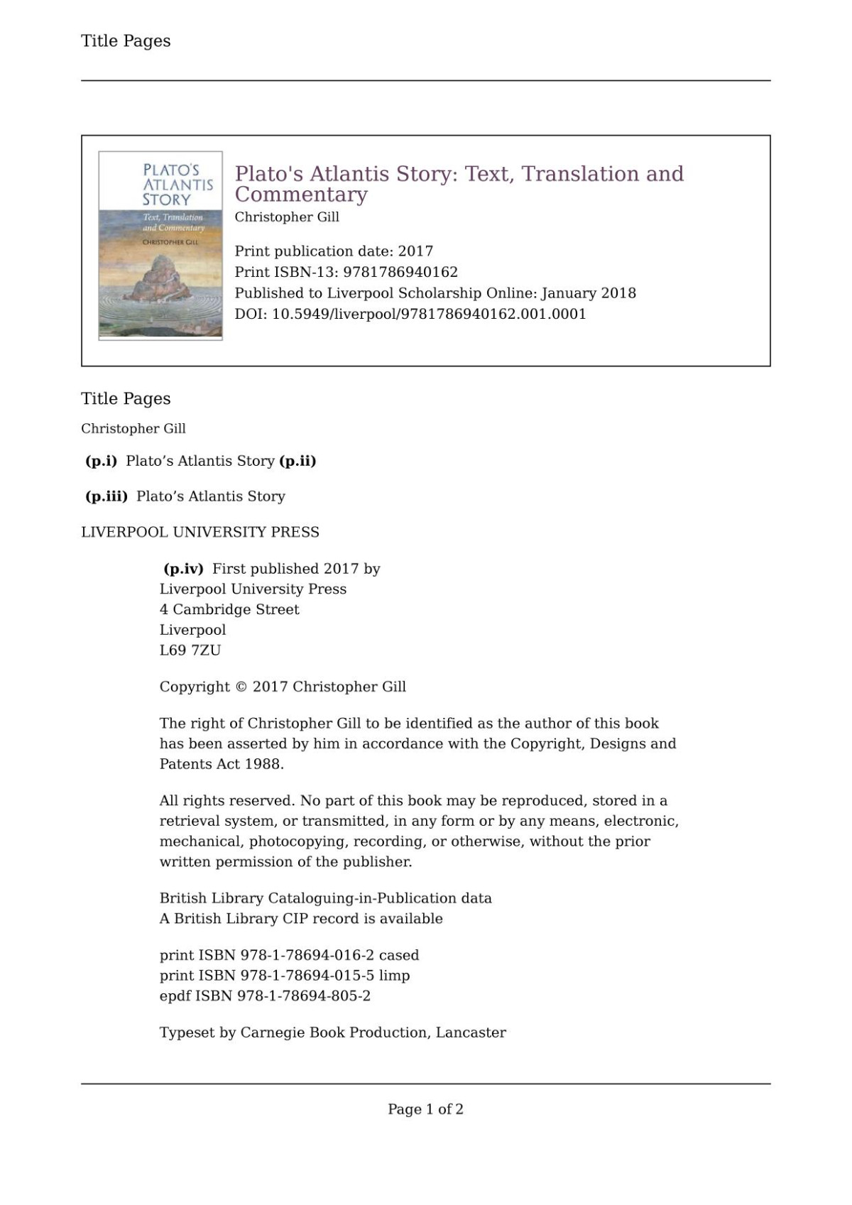 Platos Atlantis Story Text Translation And Commentary Online Christopher Gill
