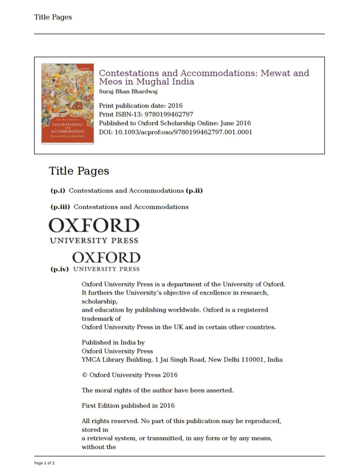 Contestations And Accommodations Mewat And Meos In Mughal India Suraj Bhan Bhardwaj