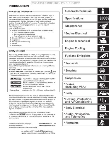 2006 2008 Honda Ridgeline Service Manual Pno Sc61sjc02 Honda