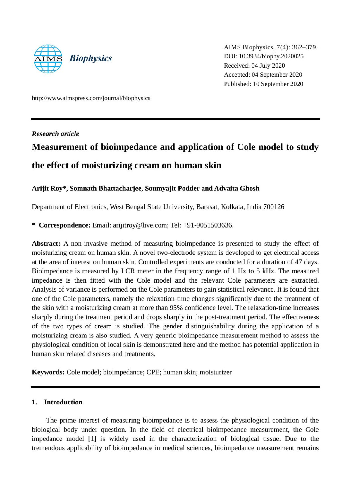 Measurement Of Bioimpedance And Application Of Cole Model To Study The Effect Of Moisturizing Cream On Human Skin 4th Edition Arijit Roy Somnath Bhattacharjee Soumyajit Podder Advaita Ghosh