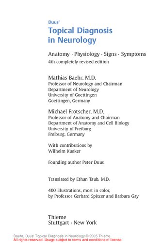Duus Topical Diagnosis In Neurology Anatomy Physiology Signs Symptoms 4th Completely Revised Edition Mathias Baehr